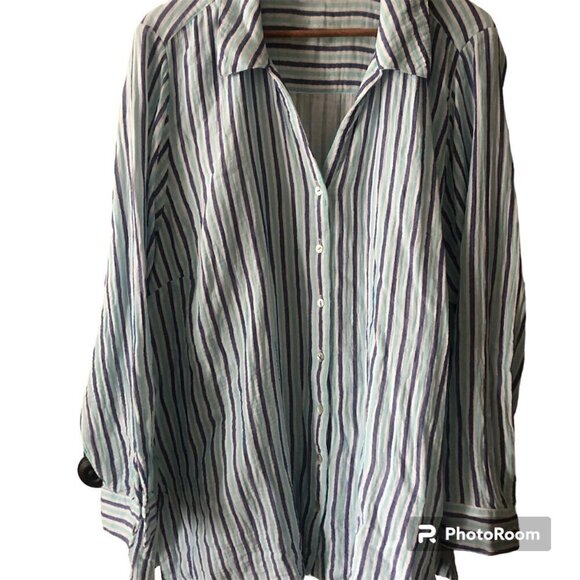 Soft Surroundings Blouse Aqua Blue Stripe Escambia Gauze Tunic Shirt Size 3X - Picture 2 of 13